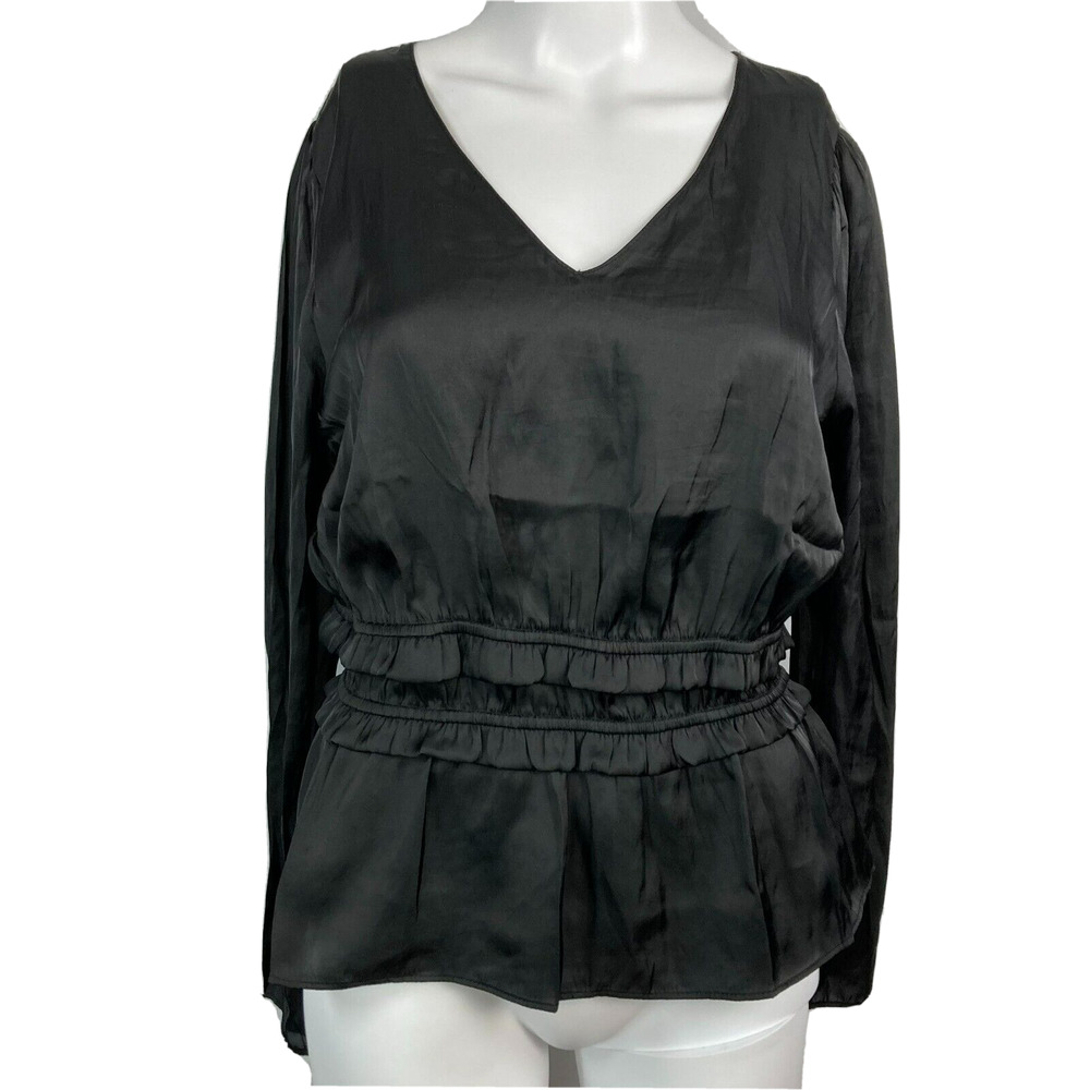NWT Lush Shirt Womens S Black Satin V Neck Ruffle Peplum Long Sleeve Block